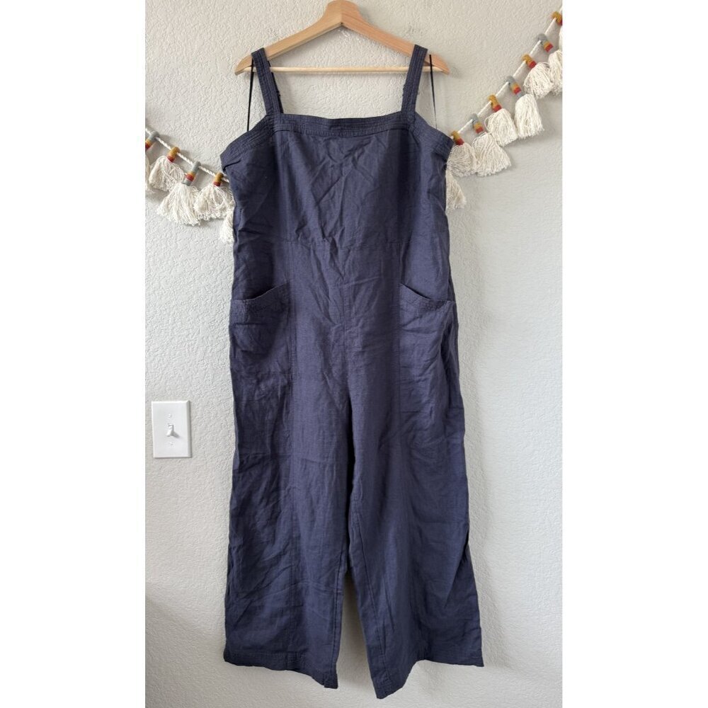 Nicole Miller Linen Blend Square Neck Wide Leg Navy Jumpsuit Coastal Beachy 14